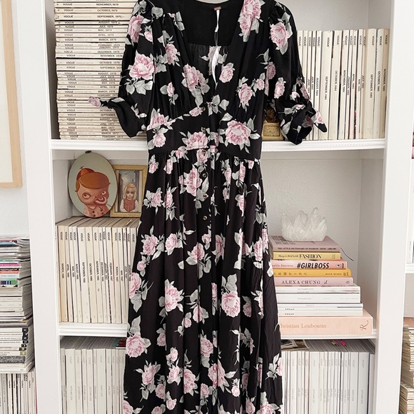 FREE PEOPLE Love of My Life Midi dress black with pink green flower print NWT - Picture 2 of 13